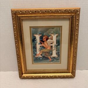 Vintage Cherub Angel Letter H Print Ornate Gold Picture Frame Victorian Style